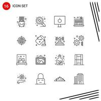 16 Universal Outlines Set for Web and Mobile Applications globe online research economy pc Editable Vector Design Elements