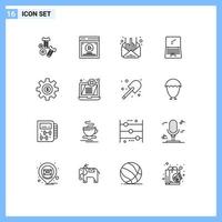 Group of 16 Outlines Signs and Symbols for cog imac mail device computer Editable Vector Design Elements