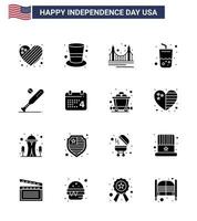 conjunto moderno de 16 glifos y símbolos sólidos en el día de la independencia de estados unidos, como el puente de verano de pelota, bebida, turismo, elementos de diseño vectorial del día de estados unidos editables vector