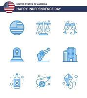 Happy Independence Day 4th July Set of 9 Blues American Pictograph of weapon gun beer rip grave Editable USA Day Vector Design Elements