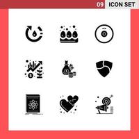 9 Thematic Vector Solid Glyphs and Editable Symbols of bank up barbell marketing growth Editable Vector Design Elements