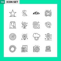 paquete de 16 iconos de estilo de línea establece símbolos de esquema para imprimir signos creativos aislados en fondo blanco vector