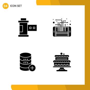 Mobile Interface Solid Glyph Set of 4 Pictograms of camera database roll phone sal Editable Vector Design Elements