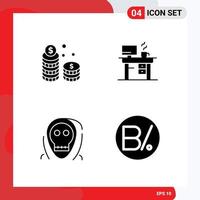 Modern Set of 4 Solid Glyphs Pictograph of coins dead cash laptop evil Editable Vector Design Elements