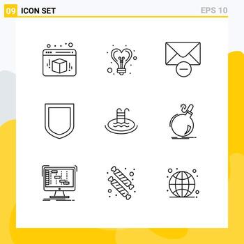 Group of 9 Modern Outlines Set for bomb swimming mail pool shield Editable Vector Design Elements