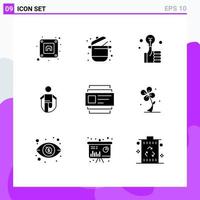 Mobile Interface Solid Glyph Set of 9 Pictograms of cards rope bulb jumping activity Editable Vector Design Elements