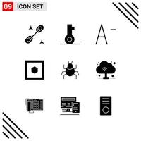 Group of 9 Modern Solid Glyphs Set for internet indian font virus bug Editable Vector Design Elements