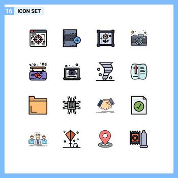 símbolos de iconos universales grupo de 16 líneas llenas de colores planos modernos de afecto colgante captura de parches fotografía elementos de diseño de vectores creativos editables