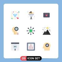 Mobile Interface Flat Color Set of 9 Pictograms of achievement neuron love network gear Editable Vector Design Elements