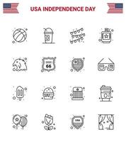 16 USA Line Pack of Independence Day Signs and Symbols of bird liquid buntings hip drink Editable USA Day Vector Design Elements