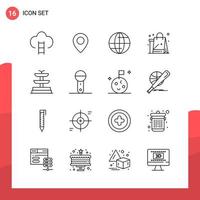 Pack of 16 Universal Outline Icons for Print Media on White Background vector