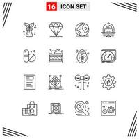 Universal Icon Symbols Group of 16 Modern Outlines of pills love globe wedding cake Editable Vector Design Elements