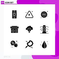 Solid Glyph Pack of 9 Universal Symbols of idea music science equipment shopping Editable Vector Design Elements