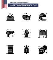 Set of 9 Modern Solid Glyphs pack on USA Independence Day weapon security american gun state Editable USA Day Vector Design Elements