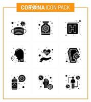 9 paquete de iconos de covid19 de coronavirus negro de glifo sólido, como fiebre de atención, nariz de copa de hospital, coronavirus viral 2019nov, elementos de diseño de vectores de enfermedad