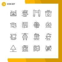 Mobile Interface Outline Set of 16 Pictograms of music education sport cap egg Editable Vector Design Elements