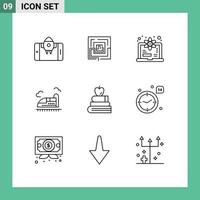 Pack of 9 Modern Outlines Signs and Symbols for Web Print Media such as apple high puzzel train science Editable Vector Design Elements