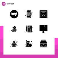 Set of 9 Commercial Solid Glyphs pack for graph browser delete security firewall Editable Vector Design Elements