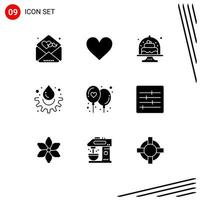 Pack of 9 creative Solid Glyphs of affection drop baked water dish Editable Vector Design Elements