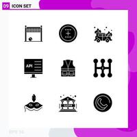 Set of 9 Vector Solid Glyphs on Grid for vest develop round computer app Editable Vector Design Elements