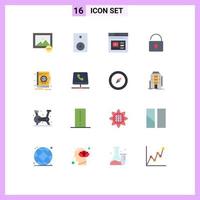 Set of 16 Commercial Flat Colors pack for book security internet lock video Editable Pack of Creative Vector Design Elements