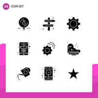 Pack of 9 Modern Solid Glyphs Signs and Symbols for Web Print Media such as responsive development game app set Editable Vector Design Elements