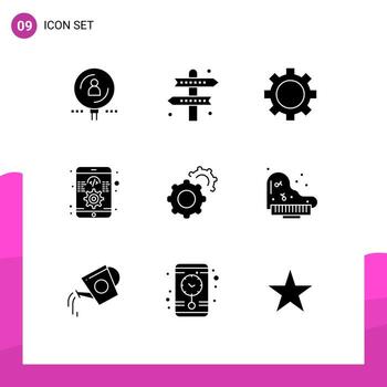paquete de 9 signos y símbolos de glifos sólidos modernos para medios de impresión web, como el conjunto de aplicaciones de juegos de desarrollo receptivo, elementos de diseño de vectores editables