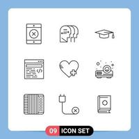 conjunto de 9 iconos modernos de la interfaz de usuario signos de símbolos para el corazón del sombrero de graduación del proyector beamer agregar elementos de diseño vectorial editables vector