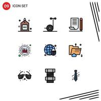 Pack of 9 Modern Filledline Flat Colors Signs and Symbols for Web Print Media such as globe information jotter data scratch pad Editable Vector Design Elements