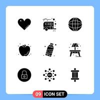 Pack of 9 Modern Solid Glyphs Signs and Symbols for Web Print Media such as waste summer transport apple food Editable Vector Design Elements