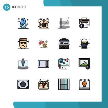 Pack of 16 Modern Flat Color Filled Lines Signs and Symbols for Web Print Media such as cartoon engineer chart setting bag Editable Creative Vector Design Elements