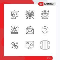 Pack of 9 Modern Outlines Signs and Symbols for Web Print Media such as email party line hat marker Editable Vector Design Elements