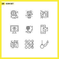 Modern Set of 9 Outlines and symbols such as watch surveillance chart privacy monitor Editable Vector Design Elements