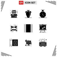 Pack of 9 Modern Solid Glyphs Signs and Symbols for Web Print Media such as cover wrench nation tool badge Editable Vector Design Elements