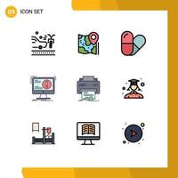 9 Thematic Vector Filledline Flat Colors and Editable Symbols of printer virus destination computer antivirus Editable Vector Design Elements