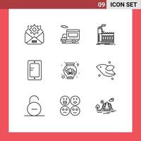 Mobile Interface Outline Set of 9 Pictograms of lotus school industrial study mobile Editable Vector Design Elements