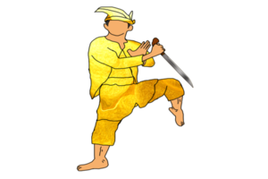 guerrero silat haciendo paso de pie una pierna con mano sujetar machete png