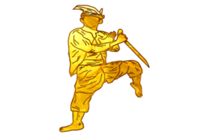 Silat warrior doing step stand one leg with hand hold machete png