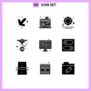 Set of 9 Modern UI Icons Symbols Signs for designing process water creative print Editable Vector Design Elements