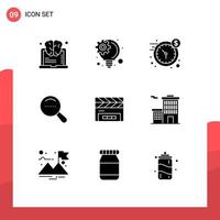 Group of 9 Solid Glyphs Signs and Symbols for film flap clapper dollar clapboard search Editable Vector Design Elements