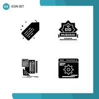 Pack of 4 creative Solid Glyphs of tag book eid star pen Editable Vector Design Elements
