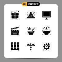 Group of 9 Modern Solid Glyphs Set for pharmacy film flap appliances clapperboard clapboard Editable Vector Design Elements