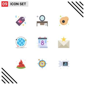 Pack of 9 creative Flat Colors of calendar network mirror table internet data Editable Vector Design Elements