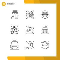 Pack of 9 Modern Outlines Signs and Symbols for Web Print Media such as danger alarm network holidays christmas Editable Vector Design Elements