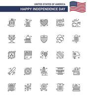 Big Pack of 25 USA Happy Independence Day USA Vector Lines and Editable Symbols of garland decoration soda buntings love Editable USA Day Vector Design Elements