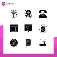 9 Thematic Vector Solid Glyphs and Editable Symbols of favorite web communication site design Editable Vector Design Elements