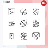 Mobile Interface Outline Set of 9 Pictograms of earth contact fast forward communication gossip Editable Vector Design Elements