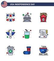 gran paquete de 9 estados unidos feliz día de la independencia líneas planas llenas de vector de estados unidos y símbolos editables de águila animal estados unidos comida americana elementos de diseño de vector de día de estados unidos editables