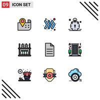 9 Thematic Vector Filledline Flat Colors and Editable Symbols of user file time supermarket goods Editable Vector Design Elements