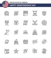 USA Happy Independence DayPictogram Set of 25 Simple Lines of usa shield flag american american Editable USA Day Vector Design Elements